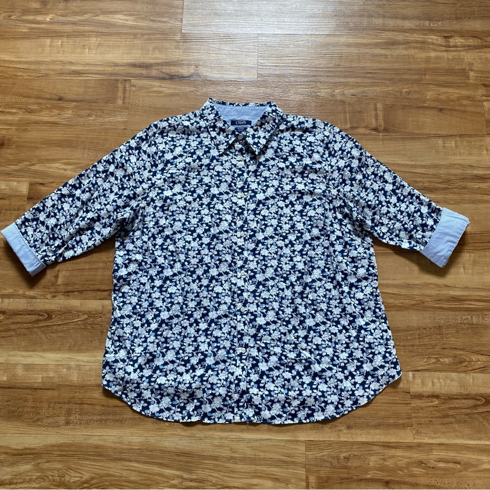 Chaps Women 1X Blue Floral No-Iron 3/4 Sleeve Collared Button-Up Shirt Flip Cuff